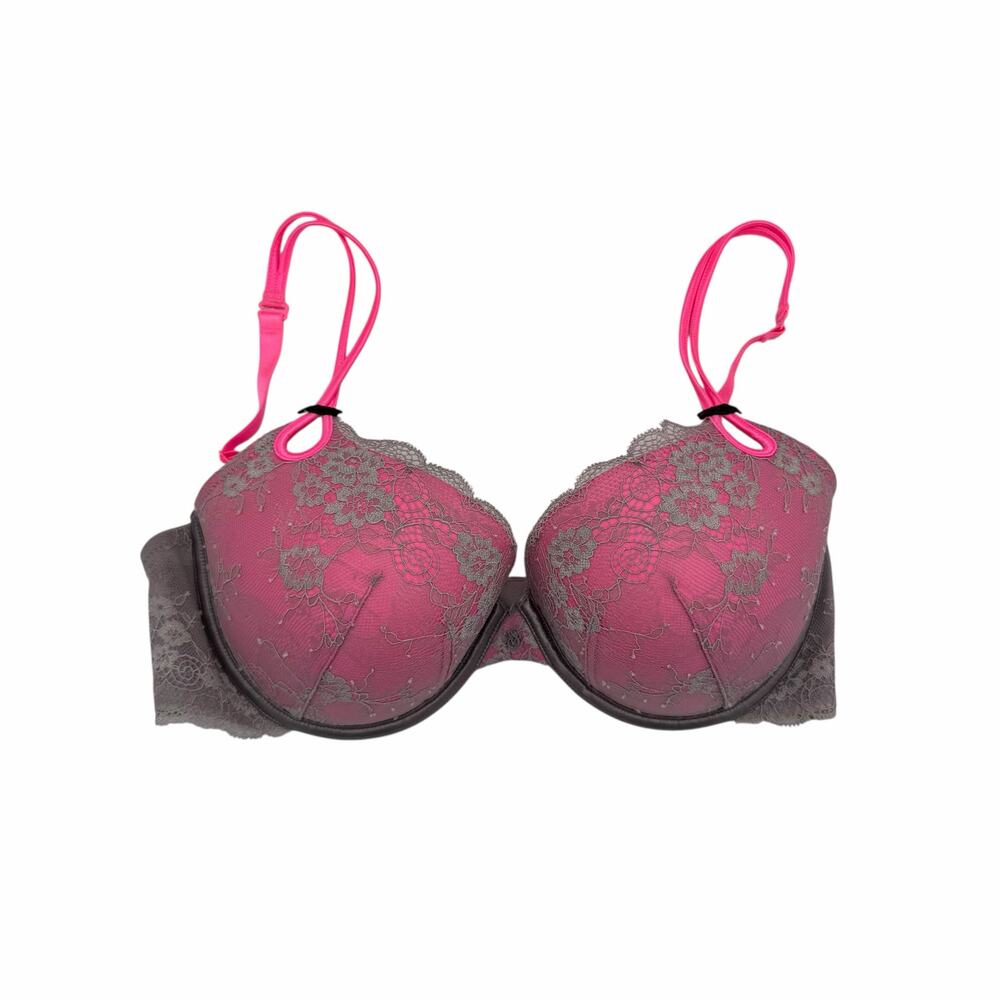 Victoria’s Secret 36D Gray Lace Hot Pink Double Strap T-Shirt Bra
